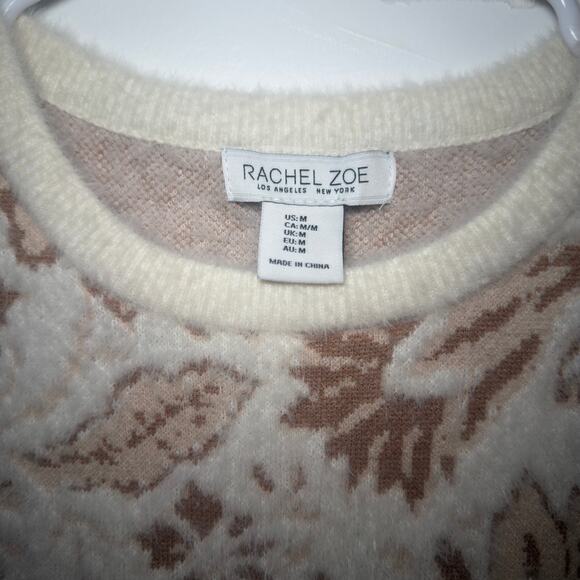 Rachel Zoe Fuzzy Floral Short Sleeve Sweater Women’s Size M Cream Tan Soft Knit - Picture 4 of 4